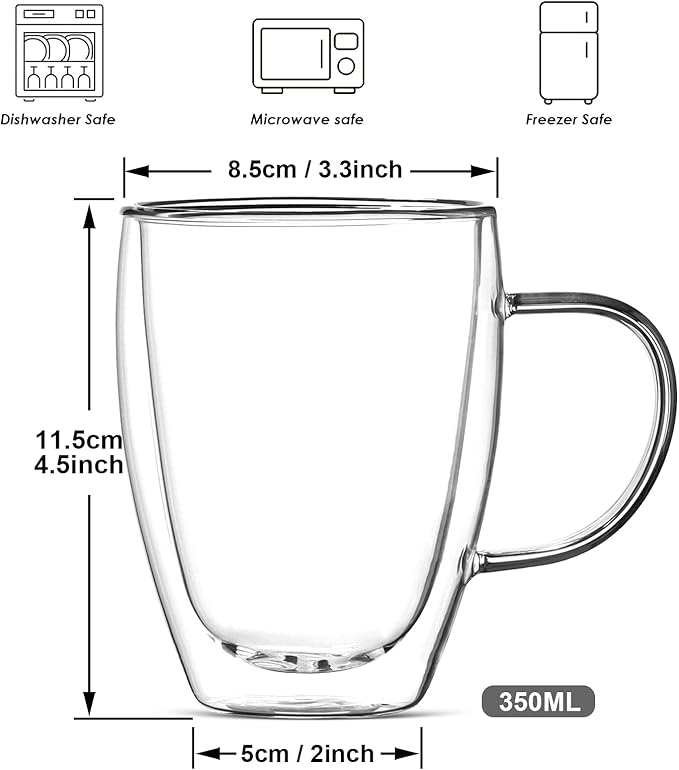 12oz Double Walled Glass Coffee Mugs with Handle, Clear Cappuccino Glass Mug Set of 4, Insulated Layer Coffee Cups, Clear Borosilicate Glass Mugs, Glasses Espresso Mugs for Coffee
