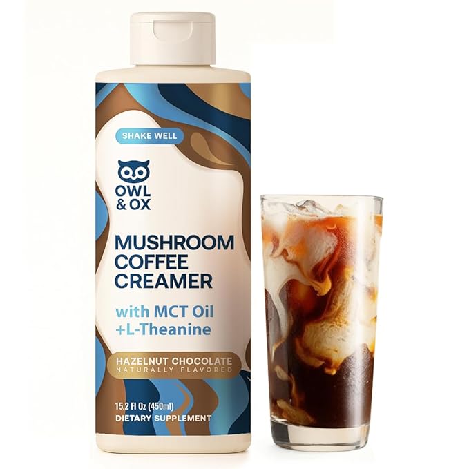 Mushroom Coffee Creamer with MCT Oil Blend & L-Theanine | MCT Coffee Creamer, Keto Coffee Creamer, Dairy Free, Sugar Free, Vegan, Plant Based, Hazelnut Chocolate Flavor, 30 Servings | Made in USA