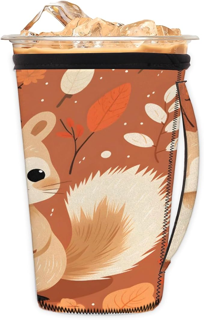 Cute Squirrel Reusable Insulator Coffee Sleeves for Drinks Beverages, Neoprene Holder with Handle for Most Coffee or Ice Drink, 16-18oz