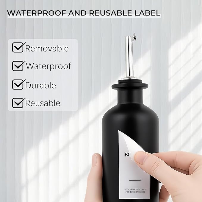 4PCS Olive Oil Dispenser Bottle For Kitchen, Soy Sauce Dispenser w. Labels, Glass Oil and Vinegar Dispenser Set, Coffee Syrup Dispenser，Cooking Oil Dispenser (Black,12OZ)