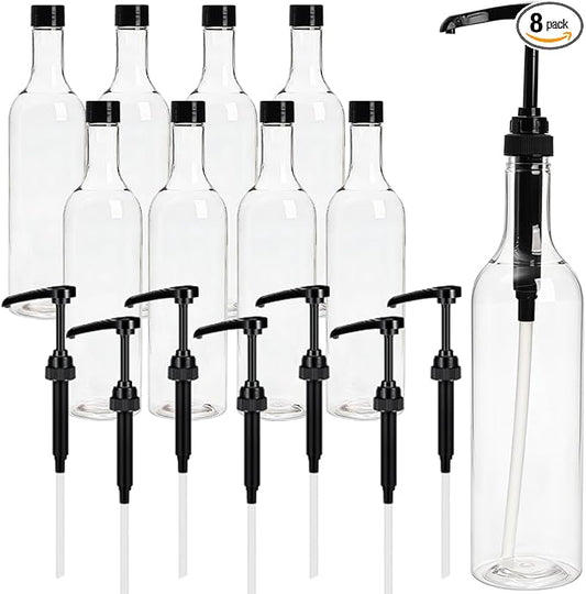 8 Pack 25.4Oz Coffee Syrup Dispenser, 750ml PET Syrup Bottles with Pump&Lid, Clear Plastic Long Neck Drinking Bottle Set for Coffee Bar Accessories Home Party Decor Flavored(Black)