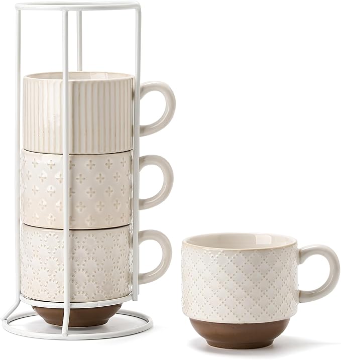 JH JIEMEI HOME Large Ceramic Coffee Mug Set of 4 with Stand, 15 Oz Stackable Different Embossment Ribbed Latte Cup Set for Cappuccino, Tea, Hot Cocoa, Drinks - Dishwasher & Microwave Safe, Off White