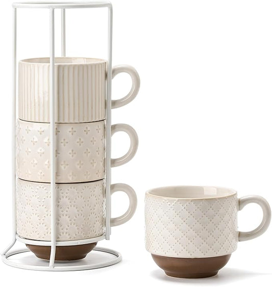 JH JIEMEI HOME Large Ceramic Coffee Mug Set of 4 with Stand, 15 Oz Stackable Different Embossment Ribbed Latte Cup Set for Cappuccino, Tea, Hot Cocoa, Drinks - Dishwasher & Microwave Safe, Off White
