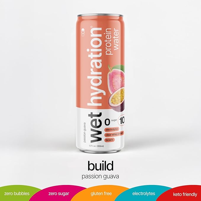 Wet Hydration | Functional Wellness Water, Non-Carbonated - Passion Guava (12 fl. oz. / 355ml Cans, Pack of 12) - Zero Calorie Hydration Drink with Electrolytes, Clear Whey Protein, BCAAs, Protein Water, No Sugar, No Artificial Ingredients