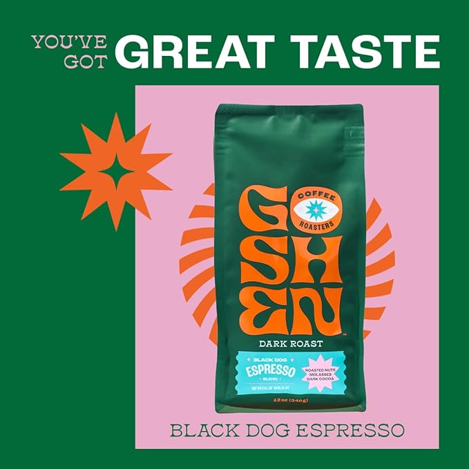 Goshen Coffee Roasters Whole Bean Black Dog Espresso Blend | Dark Roast, Espresso or Brewed | Award-Winning, Natural and Washed | Roasted Nuts, Molasses, Dark Cocoa Flavors | 12 Oz Bag