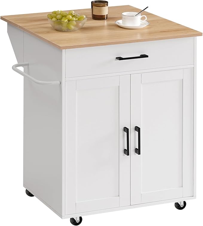 Kitchen Island on Wheels with Drop Leaf, Folding Countertop Kitchen Island Cart, Kitchen Island Table with Towel Rack, Drawer, for Kitchen, Dining Room, White and Natural KINW12501
