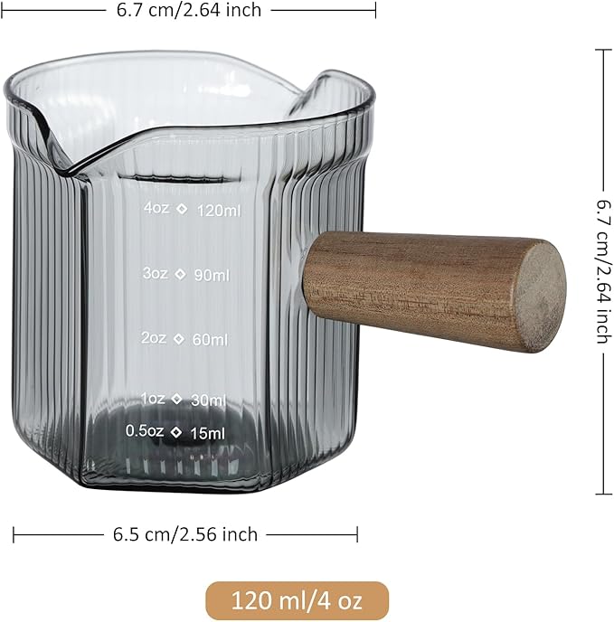 Joeyan 4 oz Grey Double Spouts Measuring Triple Pitcher Milk Cup with Wood Handle,Ribbed High Borosilicate Glass Measuring Cup, Espresso Shot Glasses