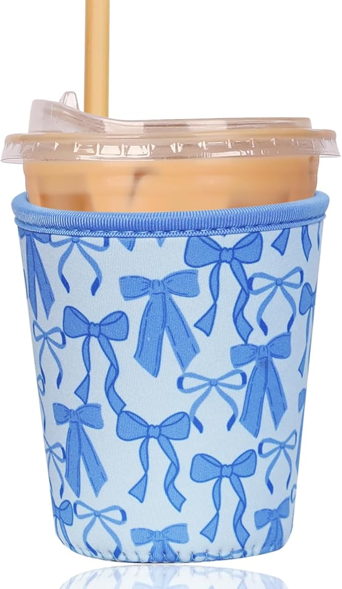 Reusable Insulated Sleeve for Iced Coffee Cup, Coffee Neoprene Sleeve for Cold & Hot Drinks, Beverage Holder for Iced Coffee (Blue Bows, Small: 16-18oz)