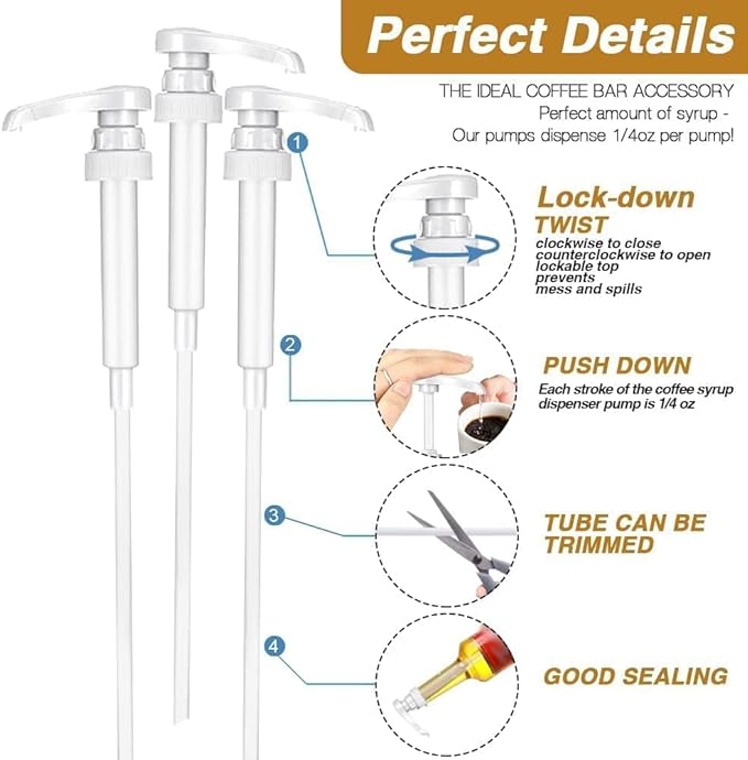 6 Pack White Syrup Pumps Leak Proof Coffee Syrup Dispenser, Fits 25.4 Oz Coffee Flavoring Syrup Bottles, Great for Home & Coffee Bar Drinking Mixes, Cocktails, Beverage
