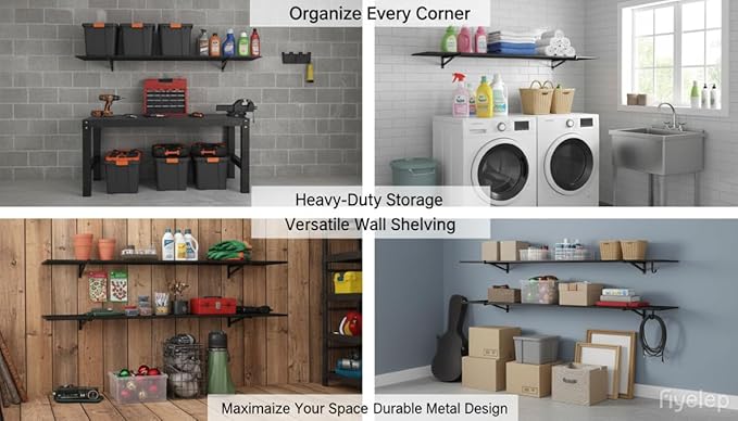 2-Pack 2x4ft Garage Shelving Wall Mounted, 24x43 inch Wall Shelf Heavy Duty Garage Storage Shelves Floating Shelves with Hooks, 500LB Capacity
