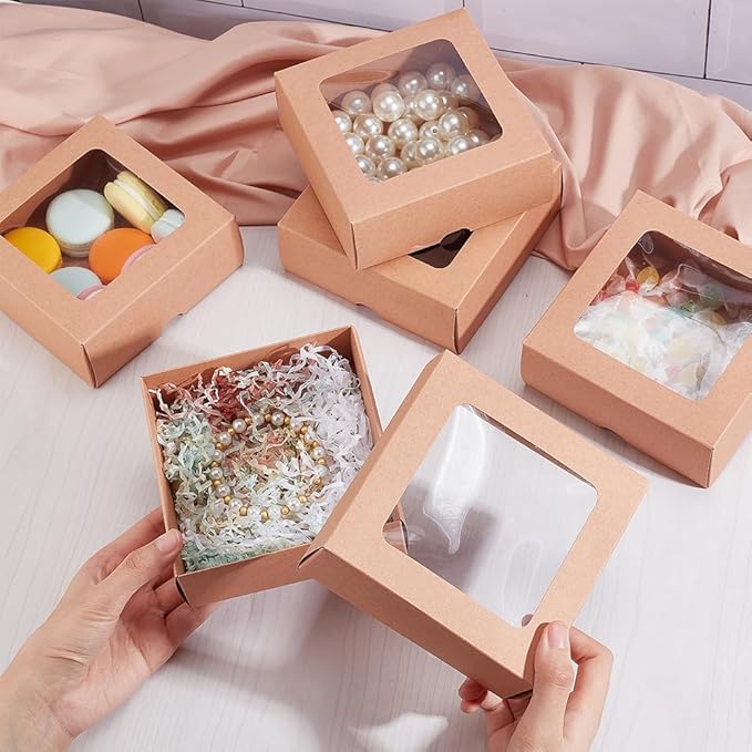 BENECREAT 10PCS Brown Kraft Paper Box with Clear Window, 5.12x5.12x1.97inch Square Kraft Paper Gift Box for Wedding Party Gifts, Festival Jewelry Packaging, Candy Storage