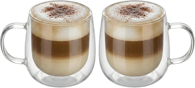 10oz Double Walled Glass Coffee Mugs Set of 2, Clear Insulated Mug for Cappuccino, Latte, Borosilicate Glass Cup, Heat & Cold Resistant Glasses