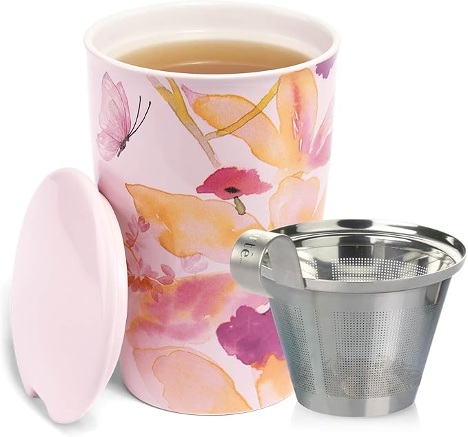 Tea Forte Double-Walled Ceramic Kati Cup, Removable Stainless Steel Infuser Basket and Lid, Steeps 12 oz Loose Leaf Tea, Dishwasher & Microwave Safe, Mariposa