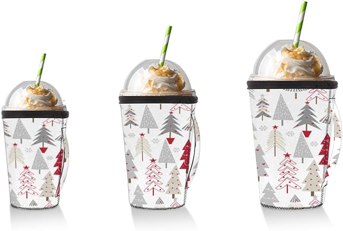 Christmas Reusable Coffee Sleeves Iced Coffee Cozy Insulator,Christmas Tree Neoprene Holder with Handle for Cold Coffee or Ice Drink, Medium