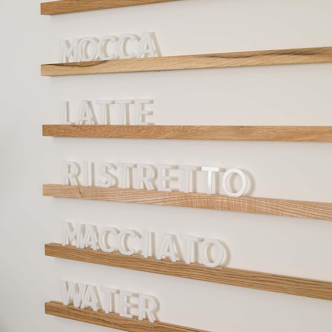 Inko Horeca Wooden Wall Letter Board - Set of 10 Oak Rails + 400 Changeable White Letters - Floating Wall Menu Display Shelf for Cafe, Bar, Kitchen, and Home Decor