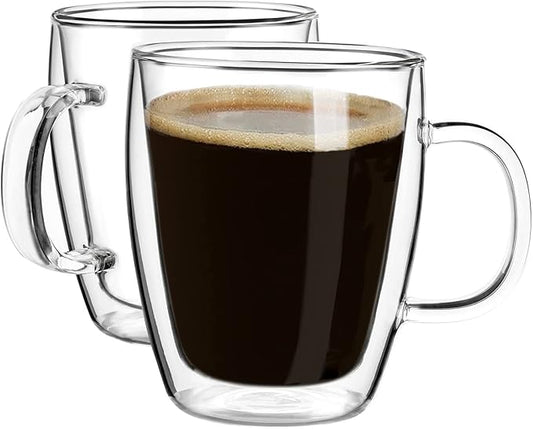 YUNCANG Double Wall Insulated Coffee Mugs, 16 Ounces - Clear Glass, Cappuccino & Latte Cups, Heat Resistant