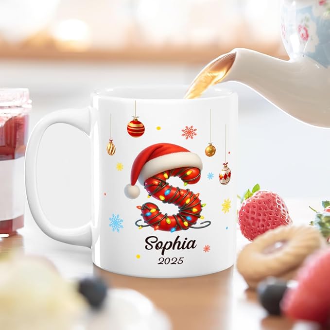 Joymade Personalized Ceramic Coffee Mug, Funny Custom Mug for Bestie, Friends, Couple, Coworker, Snowman Lovers (Christmas Initial Name Letter For Family And Friends)