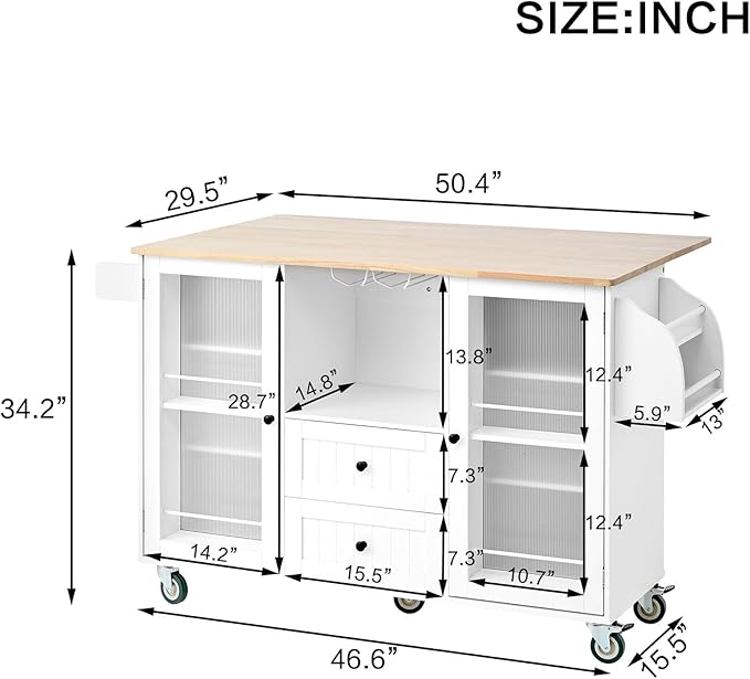 Brrnoo Kitchen Island Cart with Wood, 29.5"" Width Mobile Carts with Storage Cabinet, Rolling Kitchen Table with Spice Rack and Drawer, Portable Islands on Wheels, White