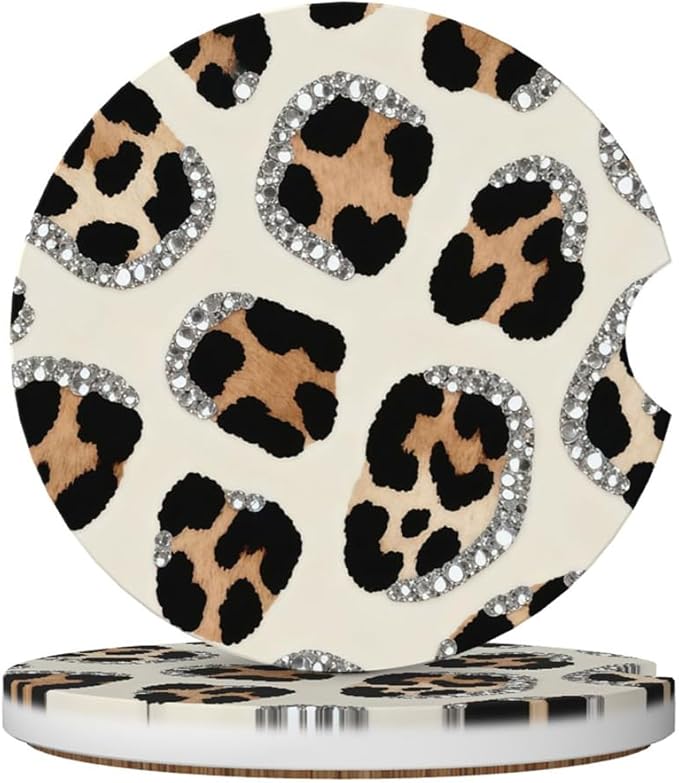 Car Cup Holder Coasters, 2 Pcs Ceramic Coasters with Finger Slot and Cork Back, Anti-Slip Shock Absorbing Women and Men Universal Car Accessories - Art Leopard Print