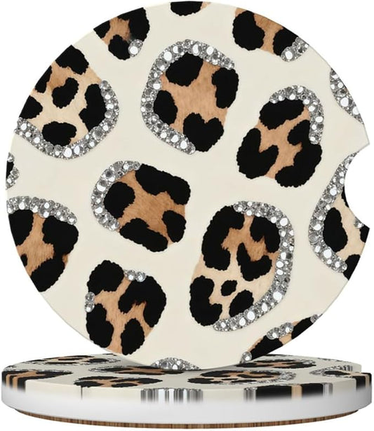 Car Cup Holder Coasters, 2 Pcs Ceramic Coasters with Finger Slot and Cork Back, Anti-Slip Shock Absorbing Women and Men Universal Car Accessories - Art Leopard Print