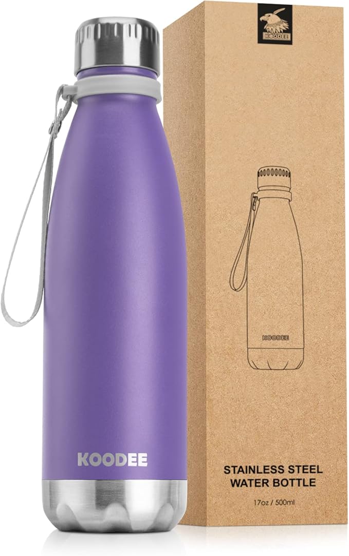 koodee 17 oz Stainless Steel Double Wall Vacuum Insulated Water Bottle,Kids Water Bottle for School, Cola Shape Leak Proof Sports Flask (Purple)