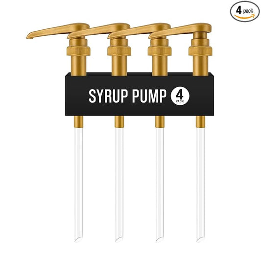 4-Pack Gold Plastic Bottle Syrup Pumps – Fits 750ml / 25.4 oz Bottles – Compatible with Torani & More – IMPORTANT: Will Not Fit Glass Bottles – Coffee Syrup Dispenser