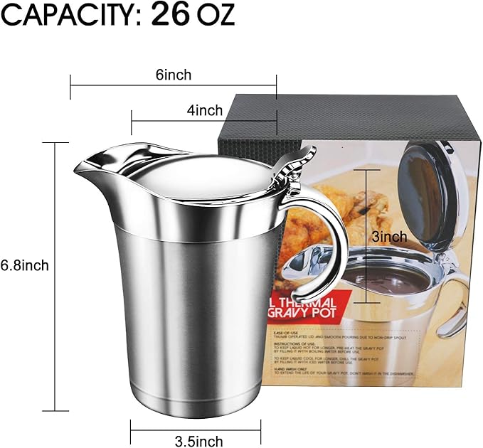 Gravy Boat 26oz Extra Large Double Insulated 304 Stainless Steel, Gravy Warmer, Double Wall Creamer Pitcher and Caramel Sauce for Coffee, Stainless Steel Pitcher
