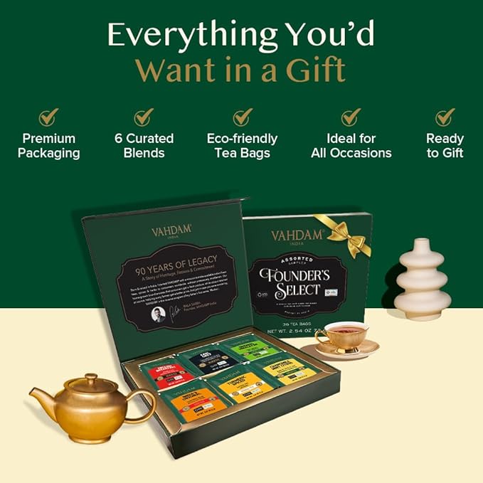 VAHDAM, Assorted Tea Gift Set (6 Varities, 36 Tea Bags) - Variety Pack - Black, Green, Chai and Herbal Tea Sampler | Valentines Day Gifts Set for Tea Lovers | Valentines Day Gifts for Him & Her