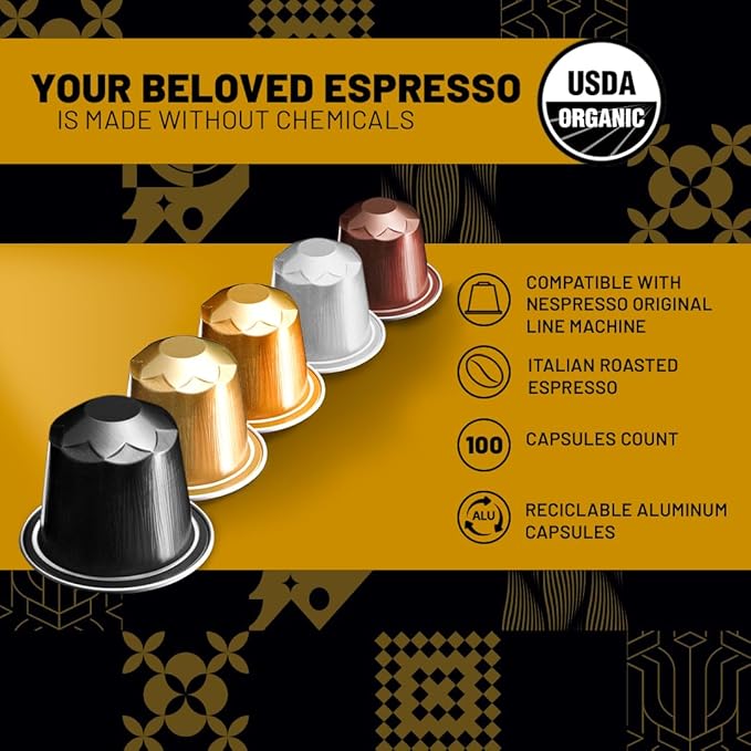 Espressoro 100 Organic Espresso Capsules - Variety Pack USDA Certified Premium Aluminum pods compatible with Nespresso Original line machines. Made in Italy.