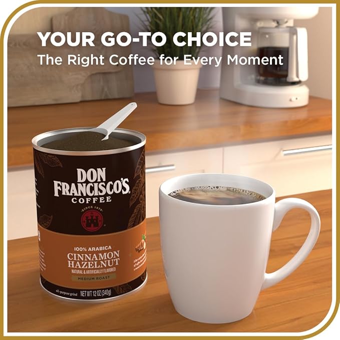 Don Francisco's Cinnamon Hazelnut Ground Flavored Coffee: Rich, Aromatic 100% Arabica Blend - Medium Roast for a Delightful Morning Brew (3 x 12 oz Cans)