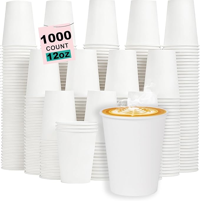 Coolcap 12 oz 1000 Pack Disposable Coffee Cups, Bulk White Disposable Paper Cups, Coffee Cups for Hot Tea, Chocolate and Cold Drinkse