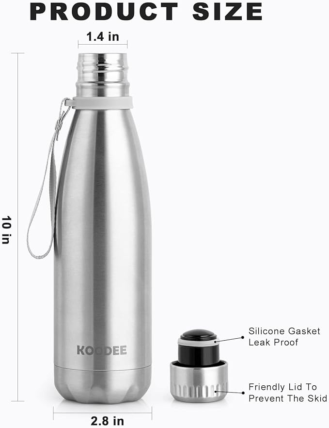 koodee Insulated Stainless Steel Water Bottle(2 Pack) Double Wall Vacuum Leak Proof Sports Water Bottle, 17 oz Cola Shape Travel Thermal Flask(2 Pack Stainless Steel)