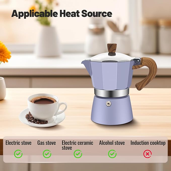 Vaolvpant 3 Cup Aluminum Moka Pot Purple Classic Stovetop Espresso Coffee Maker 150ml 5oz Coffeemaker Percolator Mocha Pot Greca Coffee Maker Cafe Makers for Italian and Cuban Café Brewing Purple