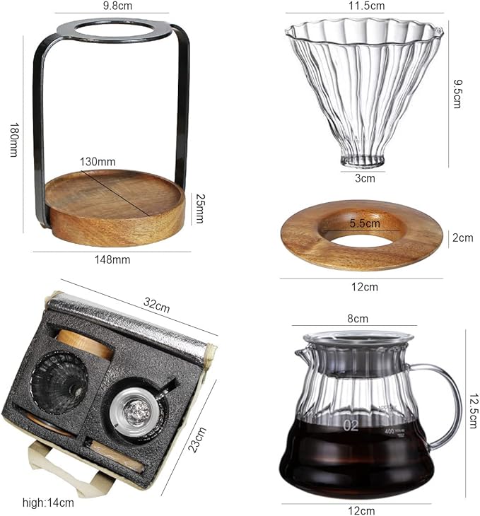 SOTECH Pour Over Coffee Station Dripper Stand Coffee Filter Wooden Filter Holder Glass Server with Paper Coffee Filters, Coffee Maker Stand Set for Coffee Tea and Saffron