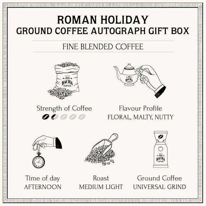 Bacha Coffee | Roman Holiday Fine Blended, Ground Beans, Medium Light Roast, 100% Arabica Specialty Coffee, 250g Autograph Collection, Gift Box