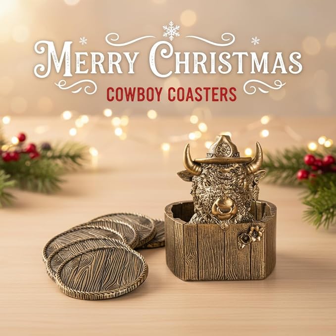 Cabin Coasters Set 6 Full Size Non-Slip Bar Coasters, Indoor Christmas Decorations, Man Cave Gifts for Men, Rustic Handmade Decor for The Home (Buffalo)