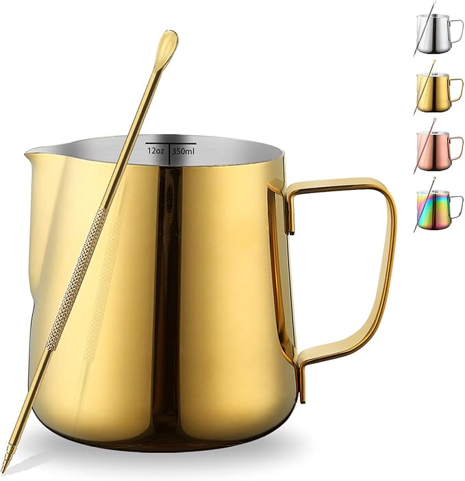 Milk Frothing Pitcher 12oz - 350ml, Kyraton Stainless Steel Espresso Steaming Pitchers with Decorating Pen,Milk Coffee Frother Cups Cappuccino Latte Art Barista Steam Pitchers Milk Jug Cup (Gold)