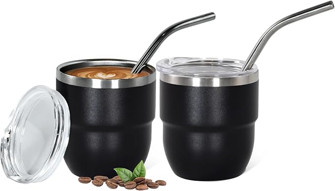 4oz Stackable Cup, Vacuum Insulated Espresso Cup Set of 2, Espresso Shot Glass for Coffee, Double Wall Stainless Steel Mini Tumbler Shot Glasses with Straw and Lid