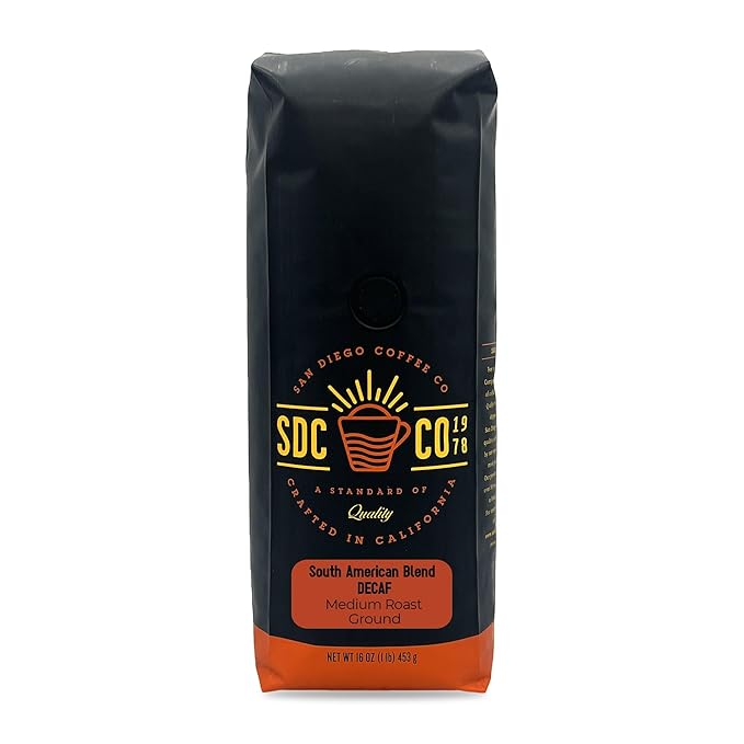 San Diego Coffee DECAF South American Blend, Medium Roast, Ground Coffee, 16-Ounce Bag Café descafeinado molido tostado