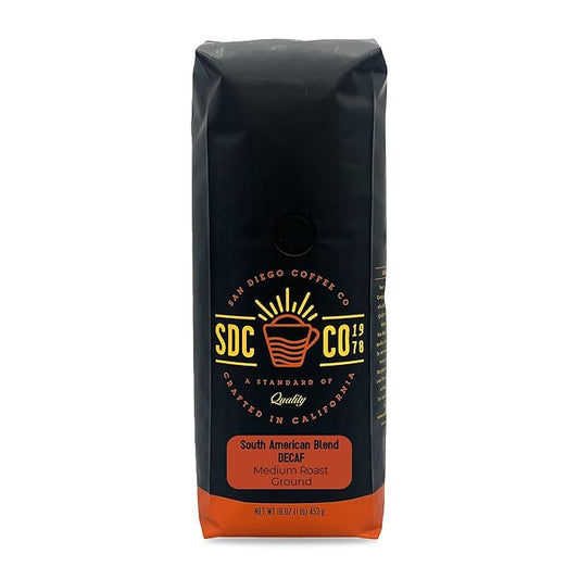 San Diego Coffee DECAF South American Blend, Medium Roast, Ground Coffee, 16-Ounce Bag Café descafeinado molido tostado