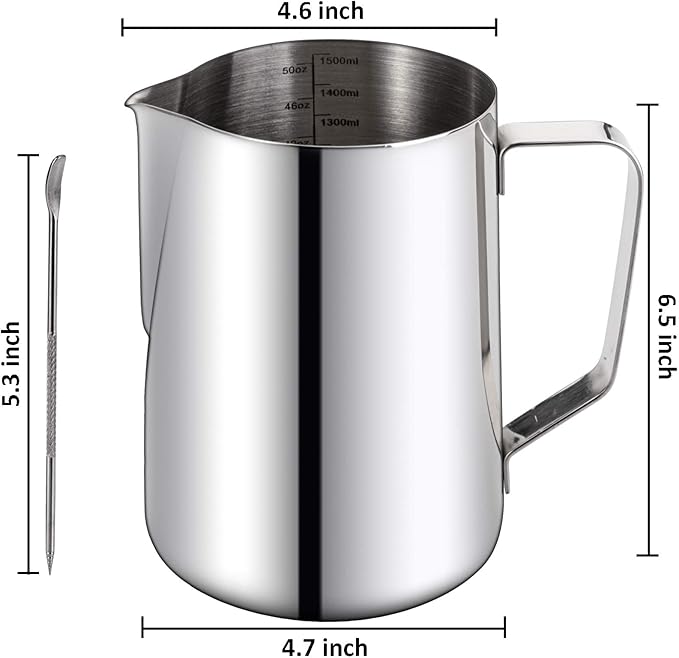 Nicunom Milk Frothing Pitcher 50oz, 304 Stainless Steel Milk Frother Cup 1500ml Steaming Pitchers with Art Pen, Espresso Cappuccino Latte Art Barista Coffee Accessories
