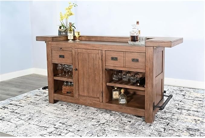 Pemberly Row Set of 3 Natural Brown Wood Bar Unit and 2 Backless Swivel Barstool