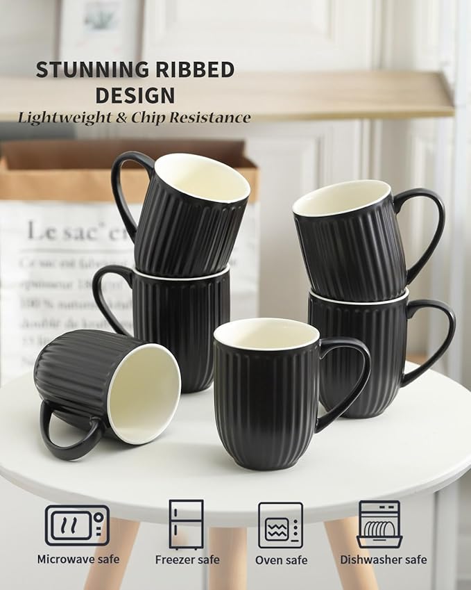 HASENSE Coffee Mugs Set of 6, 16 Oz Large Ceramic Ribbed Latte Cups with Big Handle for Coffee, Tea and Cocoa, Modern Design & Light Weight, Microwave & Dishwasher Safe, Black