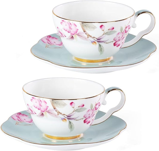 KAMMAK Ceramic Coffee Cups Saucers Set of 2, Porcelain Espresso Cups with Saucers, 5.41 oz Handmade Elegant Bone China Tea Cup, Ceramic Floral Pattern Demitasse for Latte, Americano, Cappuccino