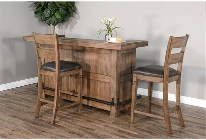Pemberly Row Set of 3 Wood Bar Unit and 2 Ladderback Barstool in Natural Brown