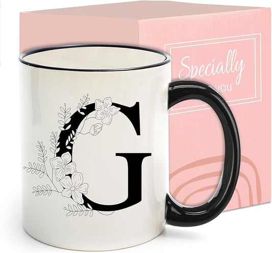 Monogram Ceramic Coffee Mugs, 11 oz Initial Drinking Cup with Gift Box, Unique Birthday Valentines Day Gifts for Women Wife Mothers Day Grandma Mom Aunt, G