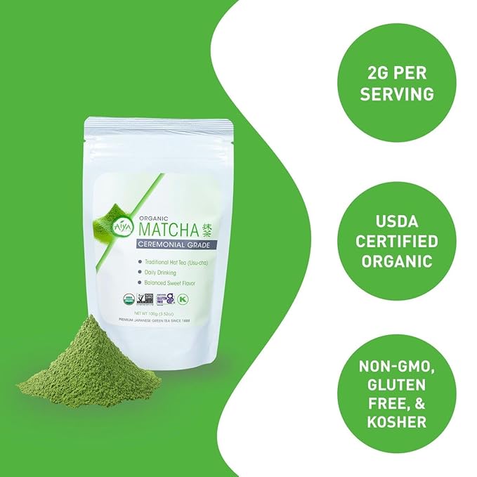 Aiya Certified USDA Japanese Organic Ceremonial Grade Matcha Green Tea Powder - Gluten-Free, Non-GMO - 100g Bag (3.53 oz.)