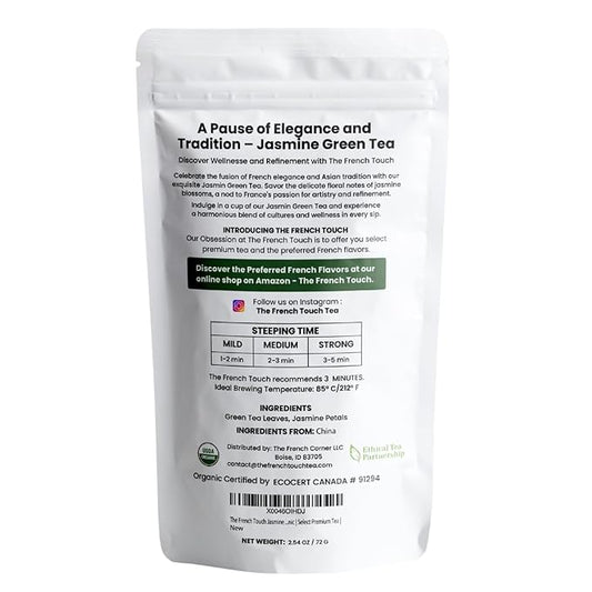 The French Touch Jasmine Green Tea ORGANIC | 2.5g x 30 Pyramid Bags | 100% Certified USDA Organic | Plant based tea bags | Select Premium Tea (Jasmine Green)