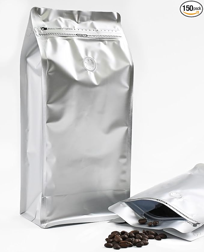 12mil Stand Up Coffee Bags, Flat Bottom Pouch with one-way Air Release Valve and Reusable Side Zipper(Silver, 150PCS-Large-2.2lb/32oz/1kg)