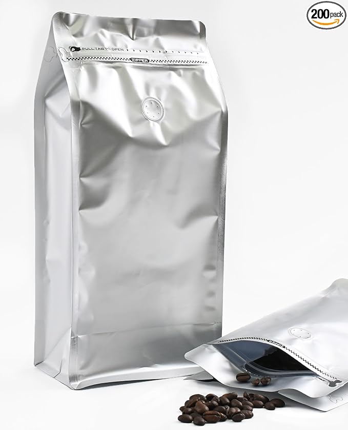 12mil Stand Up Coffee Bags, Flat Bottom Pouch with one-way Air Release Valve and Reusable Side Zipper(Silver, 200PCS-Large-2.2lb/32oz/1kg)